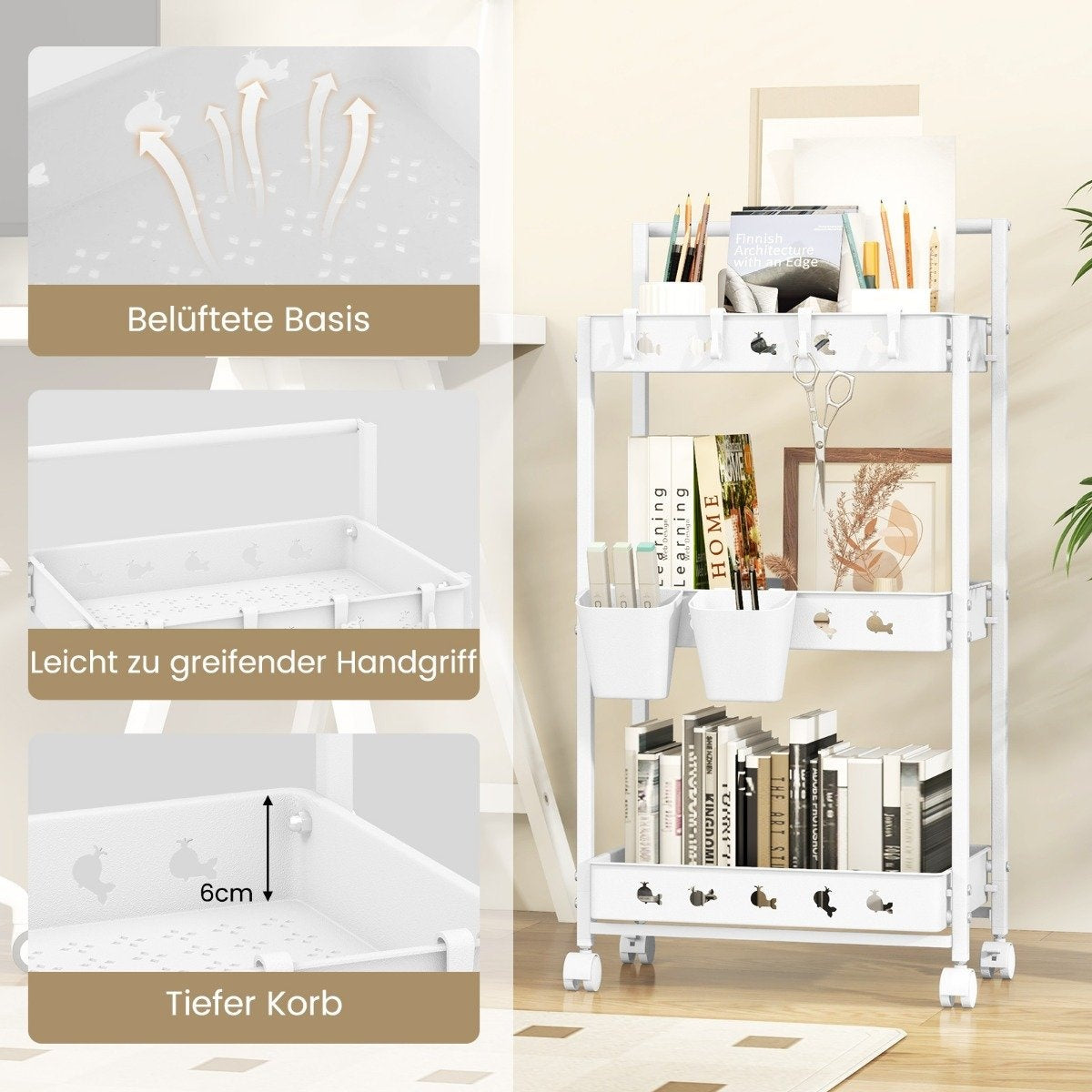3 level trolley serving trolley with wheels kitchen trolley with 2 hanging cups 42 x 29 x 83 cm white