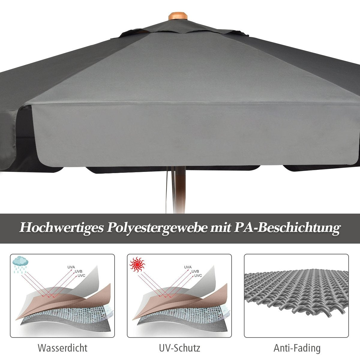3m parasol with adjustable tilt angle, 8 crossbars & waterproof polyester fabric with UV protection, grey