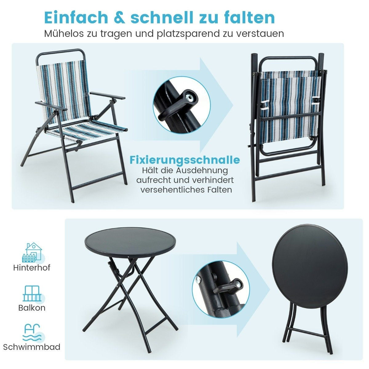 3-piece balcony set bistro table with 2 folding chairs seating set with robust metal frame