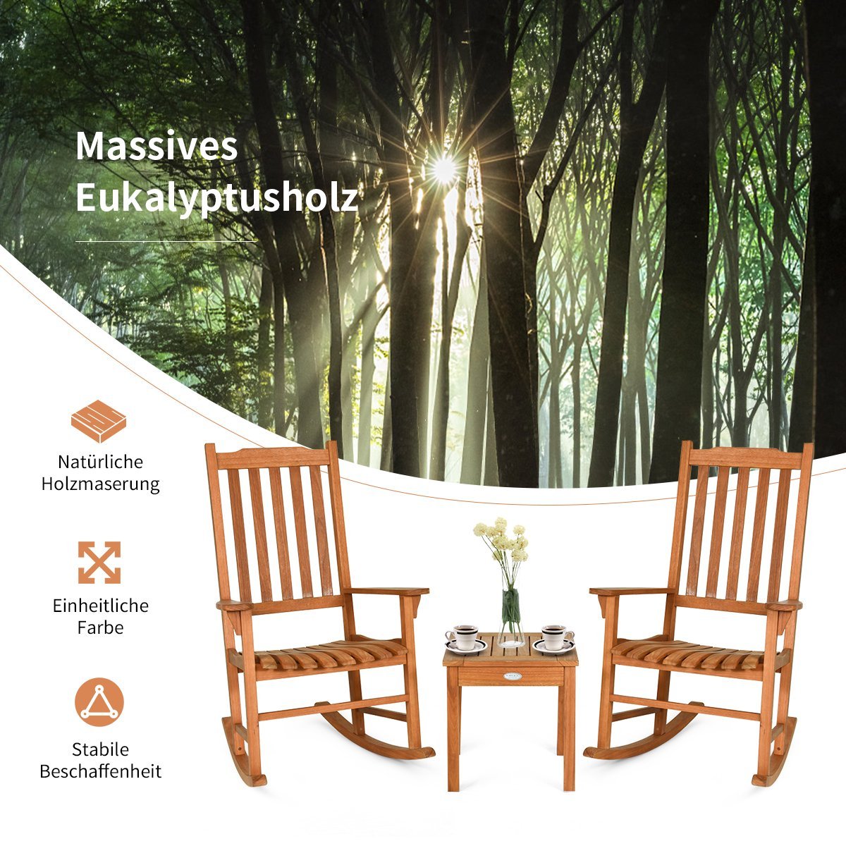 3-piece bistro set with rocking chairs made of natural eucalyptus wood