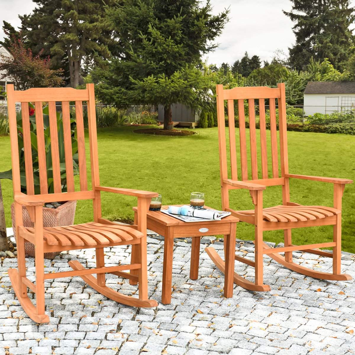 3-piece bistro set with rocking chairs made of natural eucalyptus wood