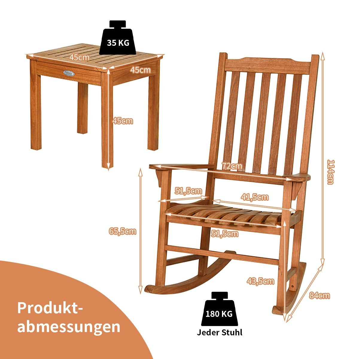 3-piece bistro set with rocking chairs made of natural eucalyptus wood