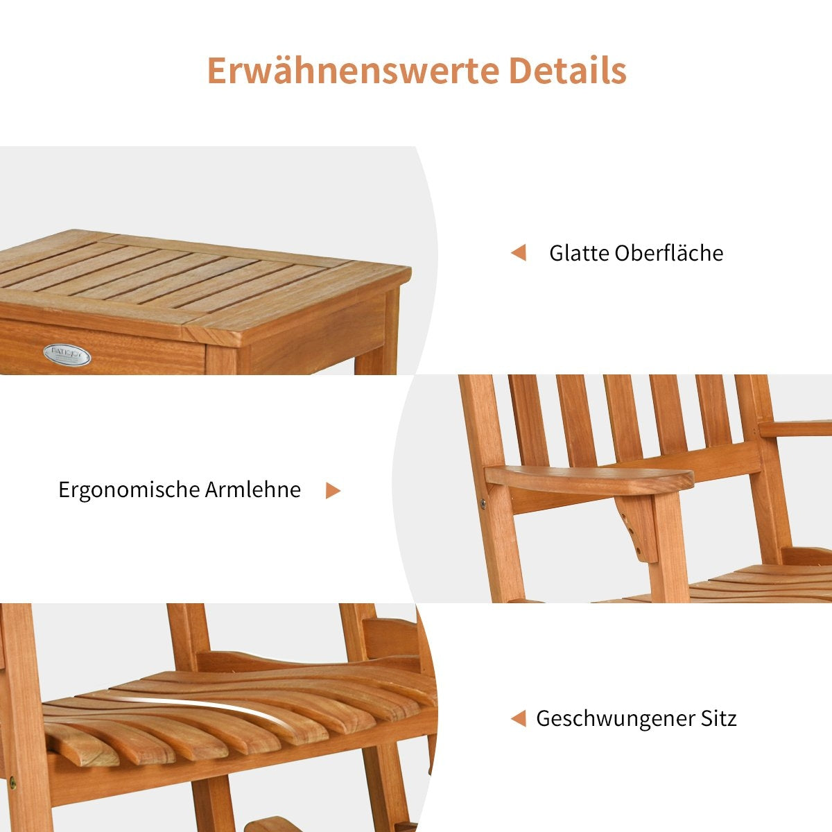 3-piece bistro set with rocking chairs made of natural eucalyptus wood