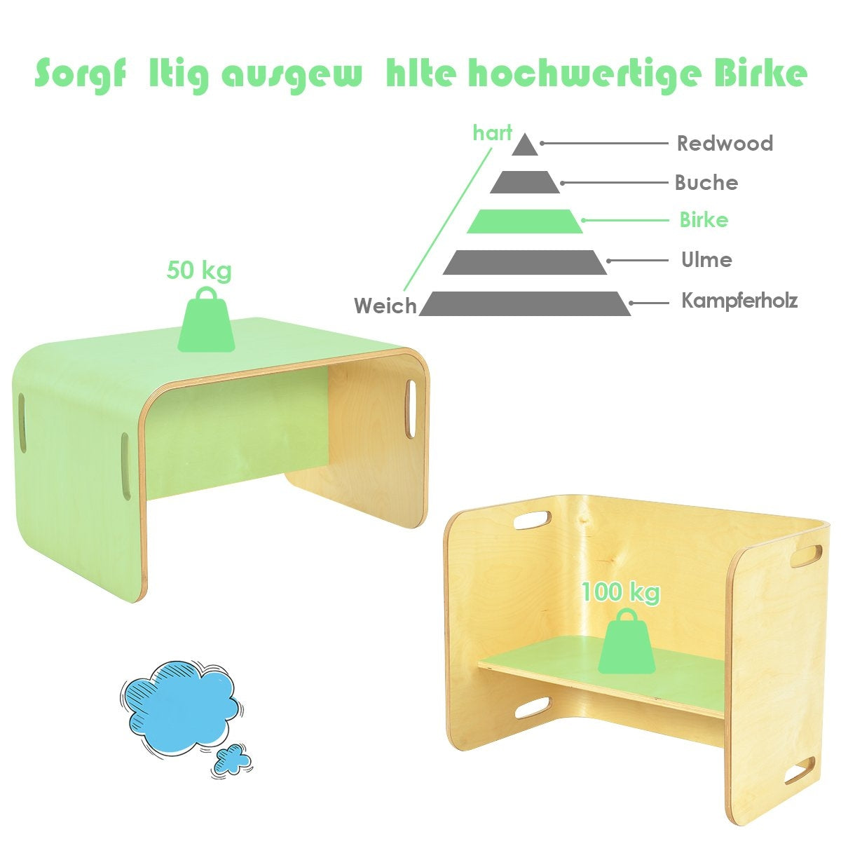 3-piece children's table chairs set children's seating group wooden children's furniture learning table natural