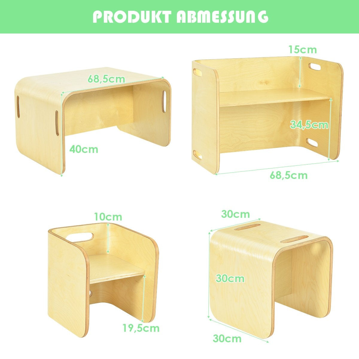 3-piece children's table chairs set children's seating group wooden children's furniture learning table natural