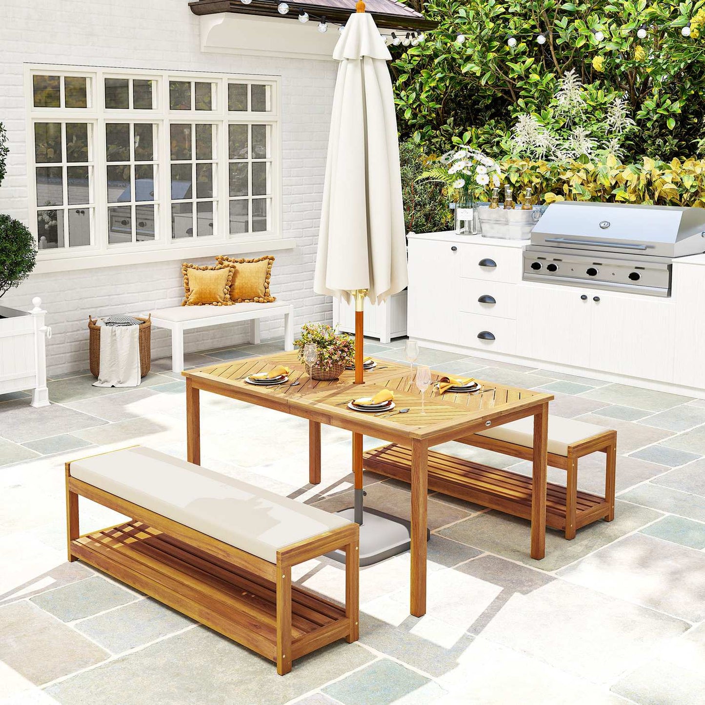 3-Piece Acacia Garden Dining Set with Parasol Hole
