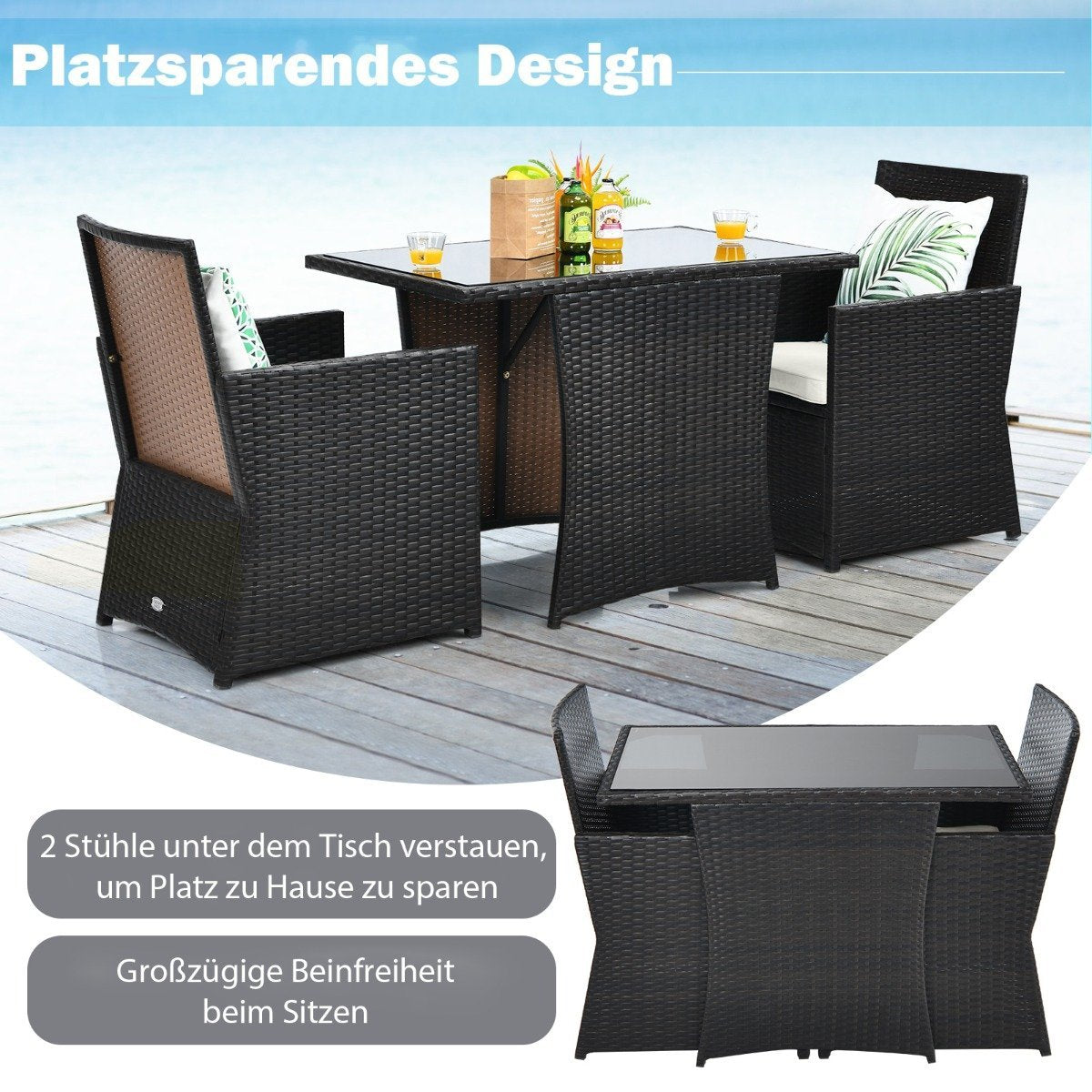 3-piece patio dining set. Space-saving PE rattan bistro set with table top