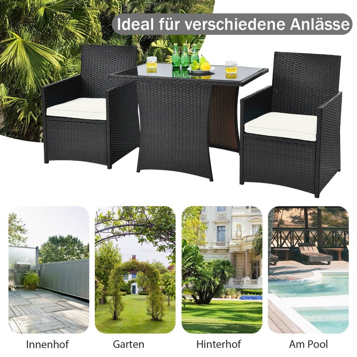 3-piece patio dining set. Space-saving PE rattan bistro set with table top