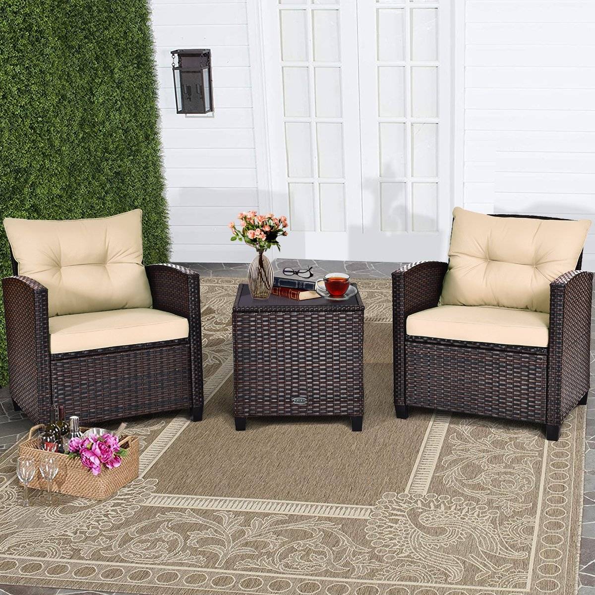 3-piece patio set outdoor rattan set garden furniture rattan with seat cushion & coffee table yellow + brown