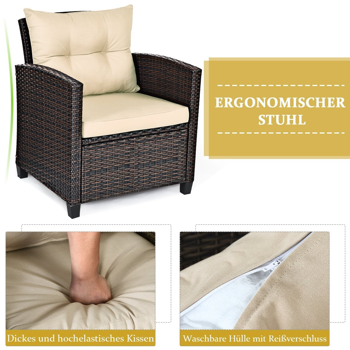 3-piece patio set outdoor rattan set garden furniture rattan with seat cushion & coffee table yellow + brown