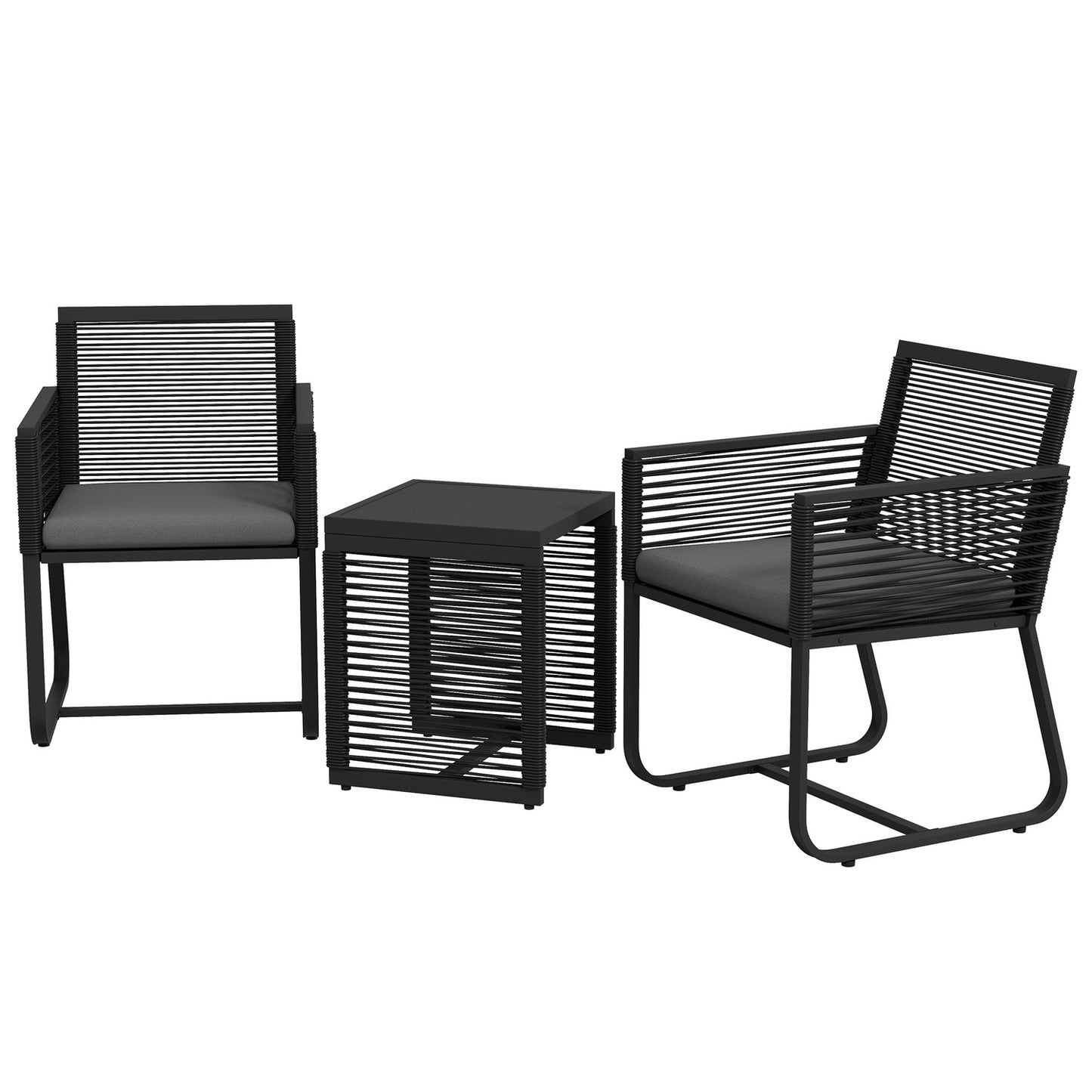 Rattan garden furniture with cushions - 3 pieces, black