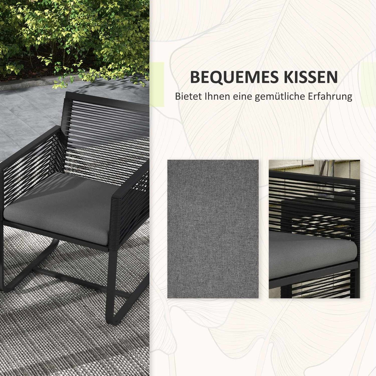 Rattan garden furniture with cushions - 3 pieces, black
