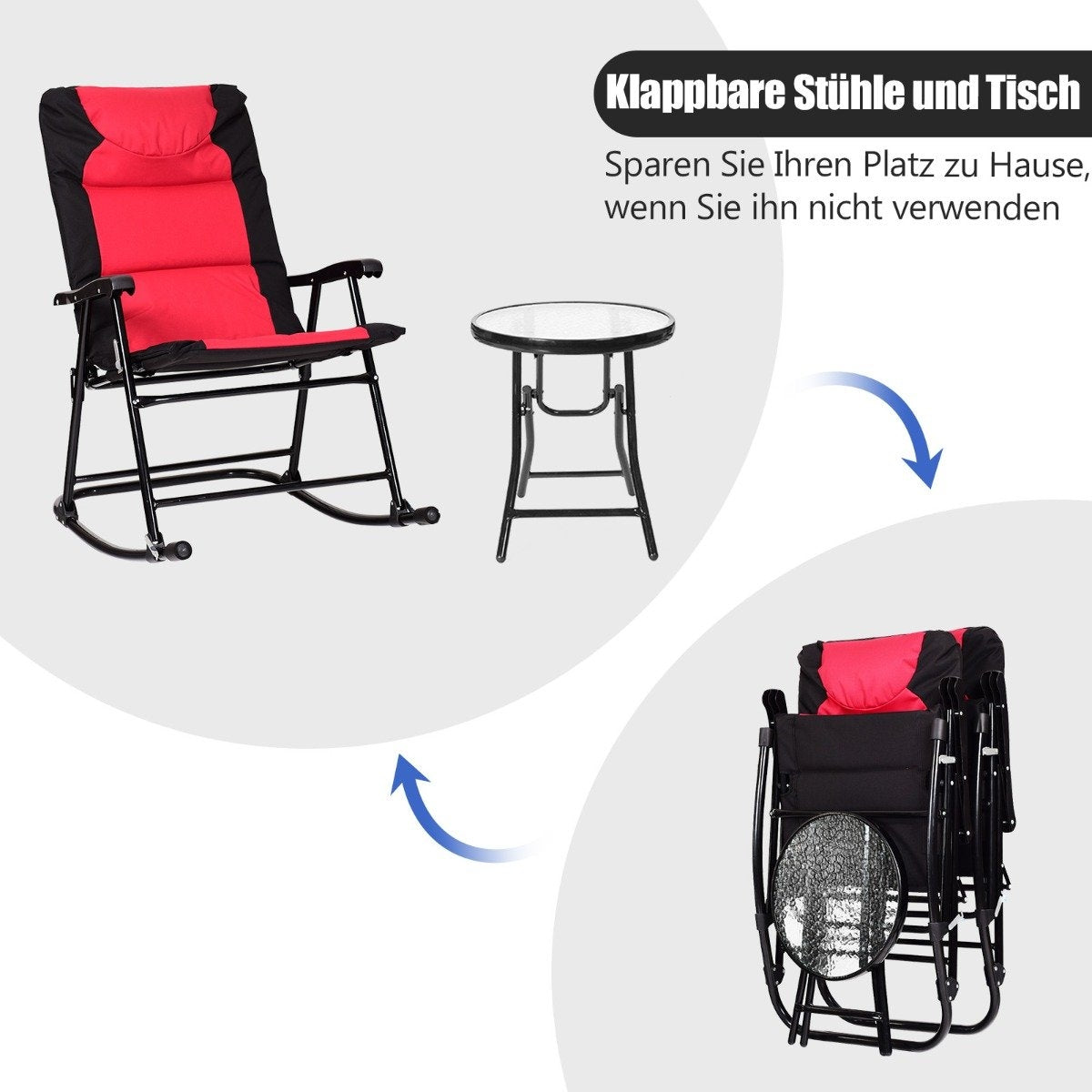 3-piece rocking lounger deck chairs with side table garden lounger red + black