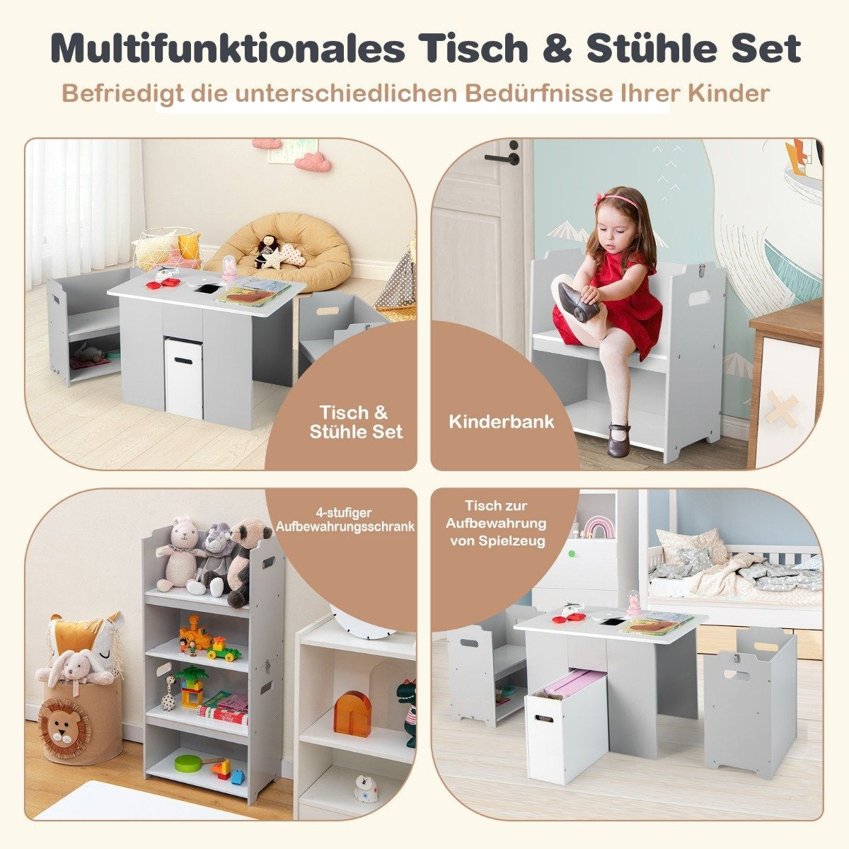 3-piece set of table and chairs for children 4-in-1 activity table with 2 stackable chairs grey and white