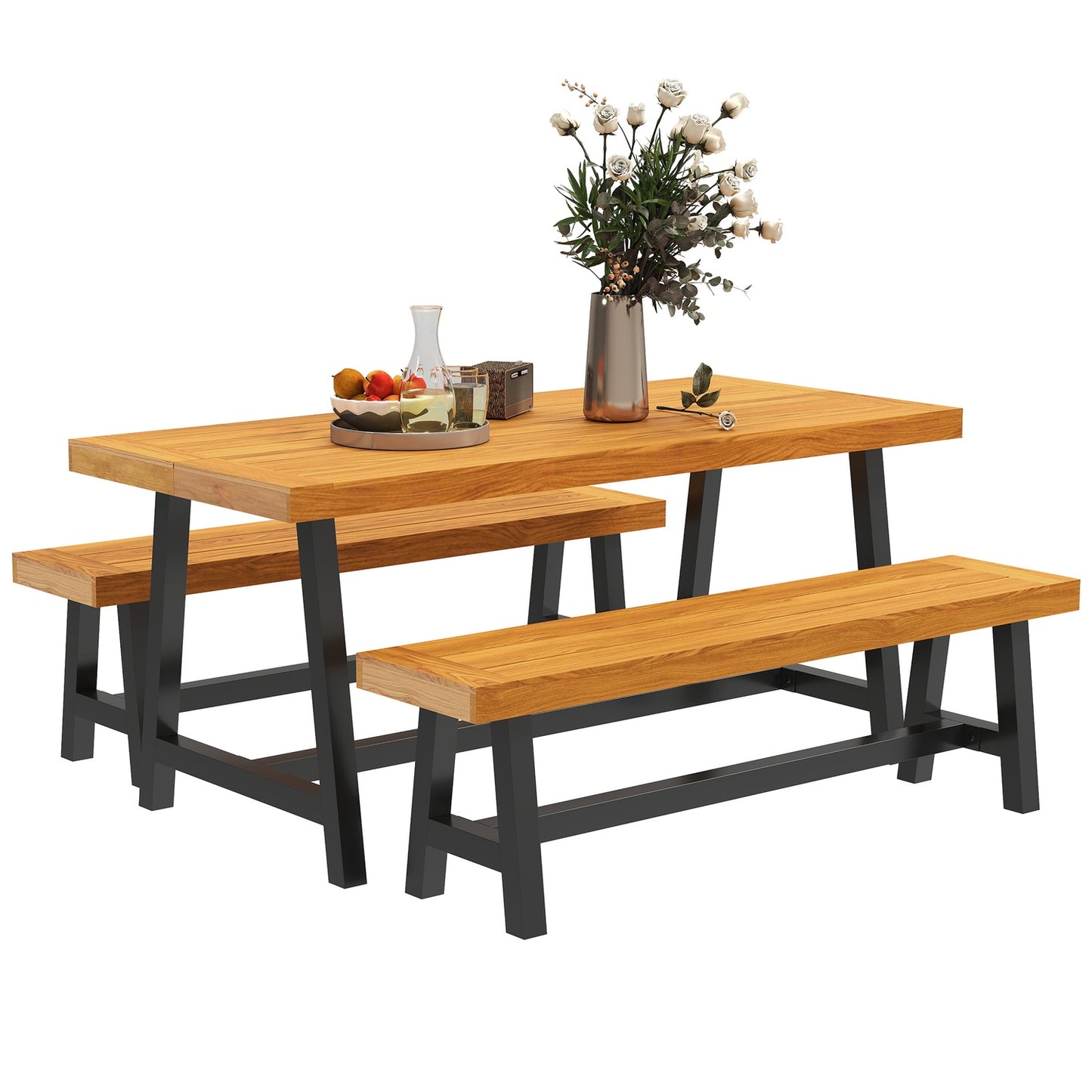 3-piece teak dining set with benches for 4