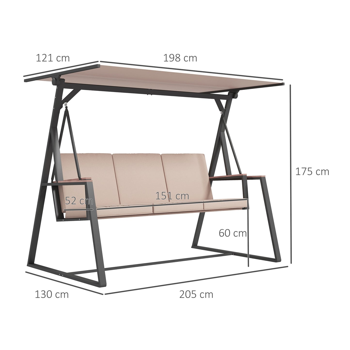 3-seater Khaki swing bench with cushions and roof, 300 kg