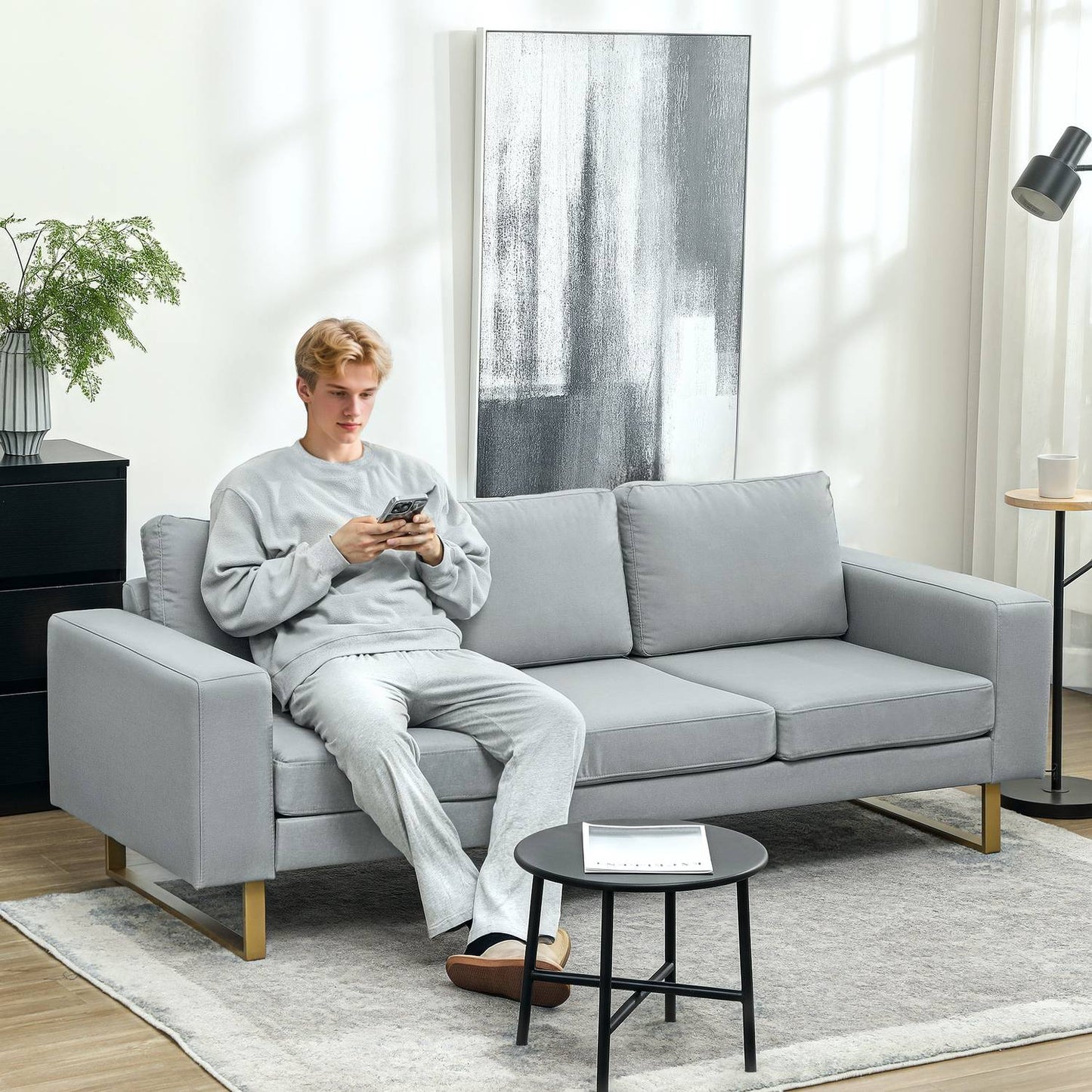 3-seater sofa, couch with solid wood frame, metal legs, simple design, light grey