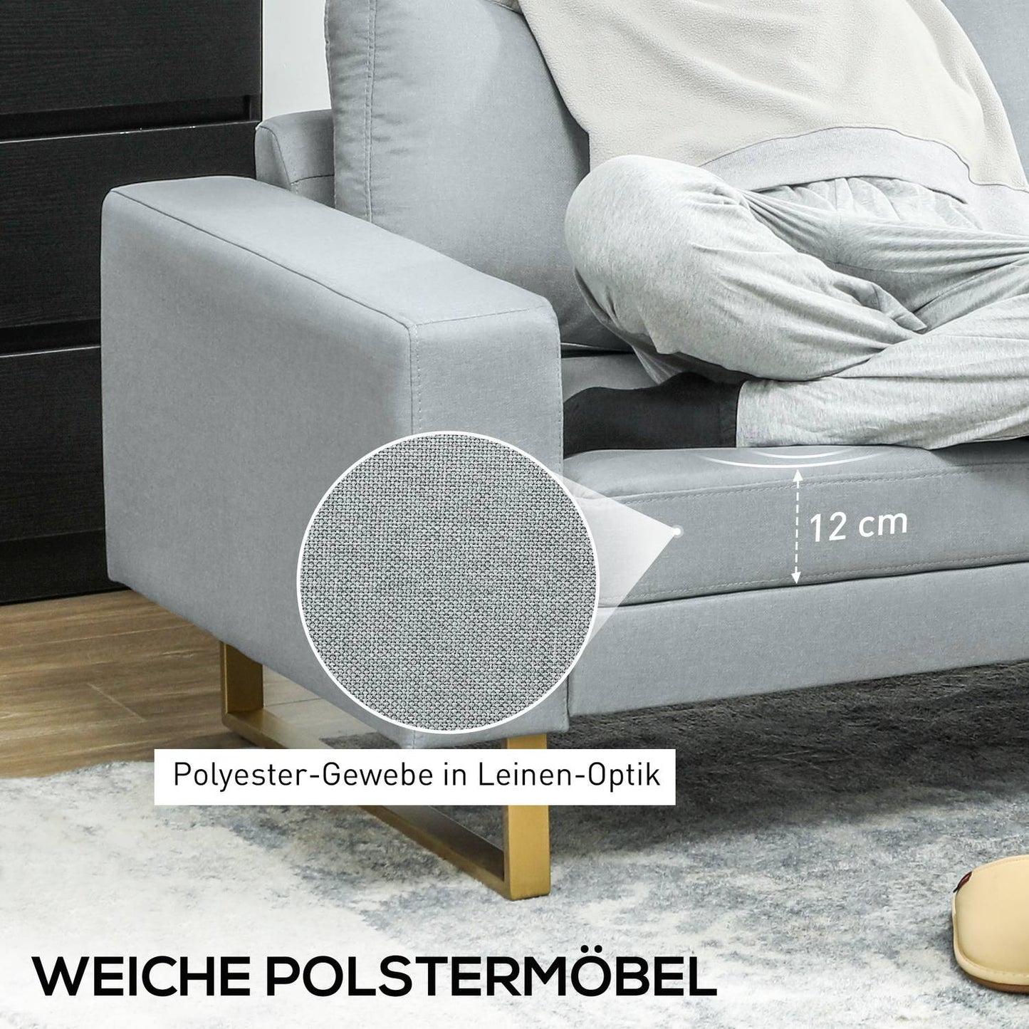 3-seater sofa, couch with solid wood frame, metal legs, simple design, light grey