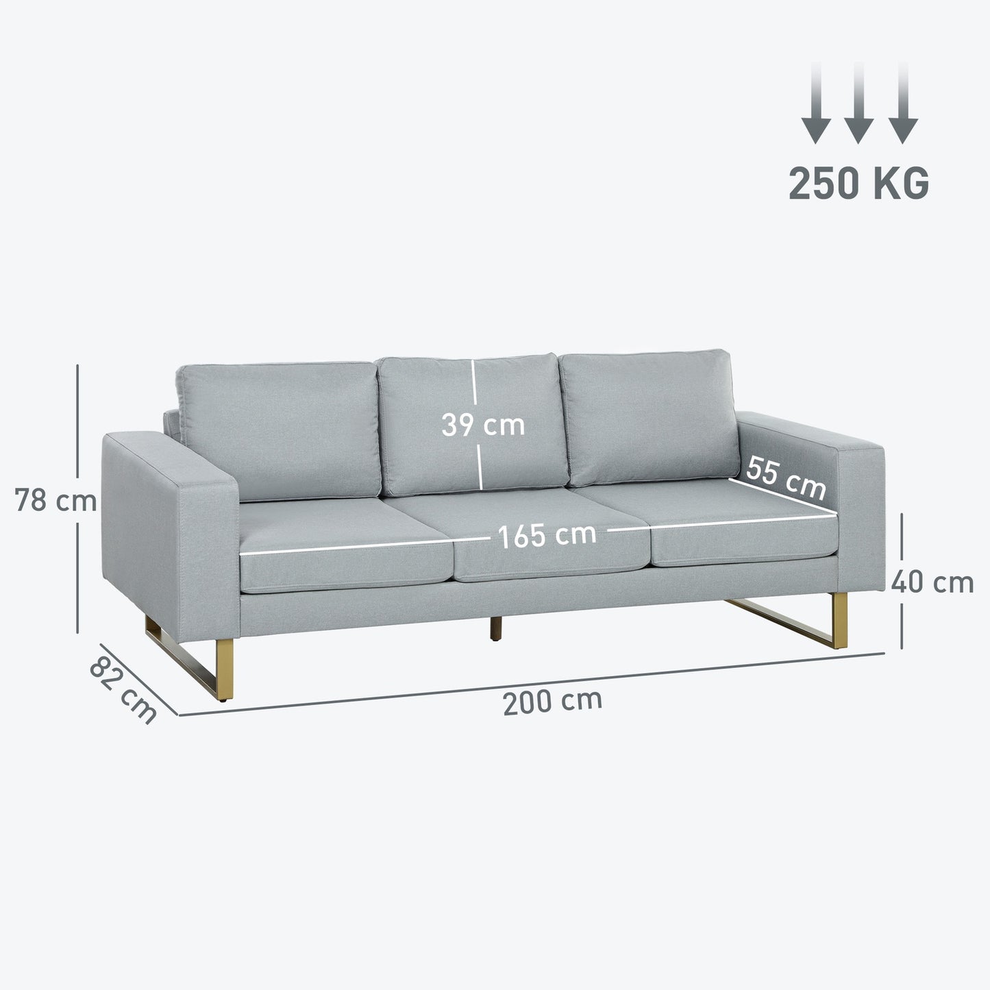 3-seater sofa, couch with solid wood frame, metal legs, simple design, light grey