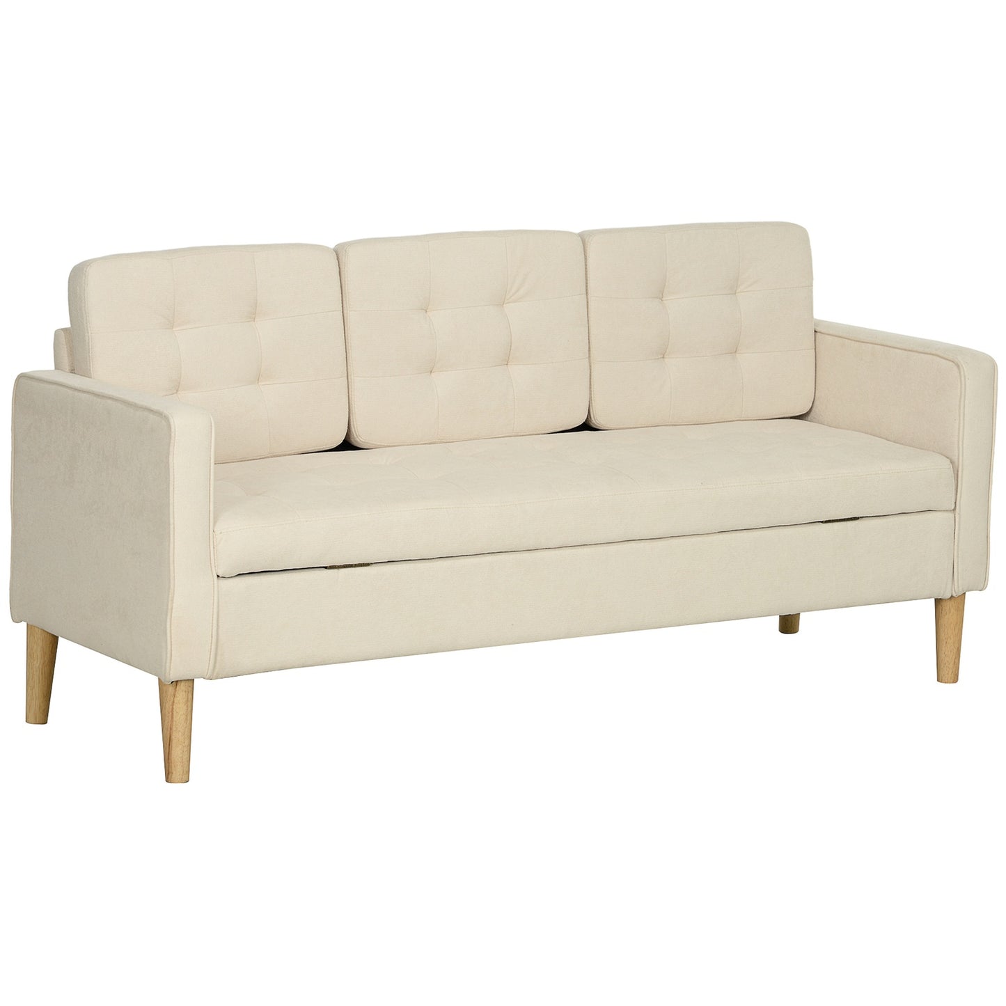 3-seater velvet sofa, storage, wooden legs, cream white
