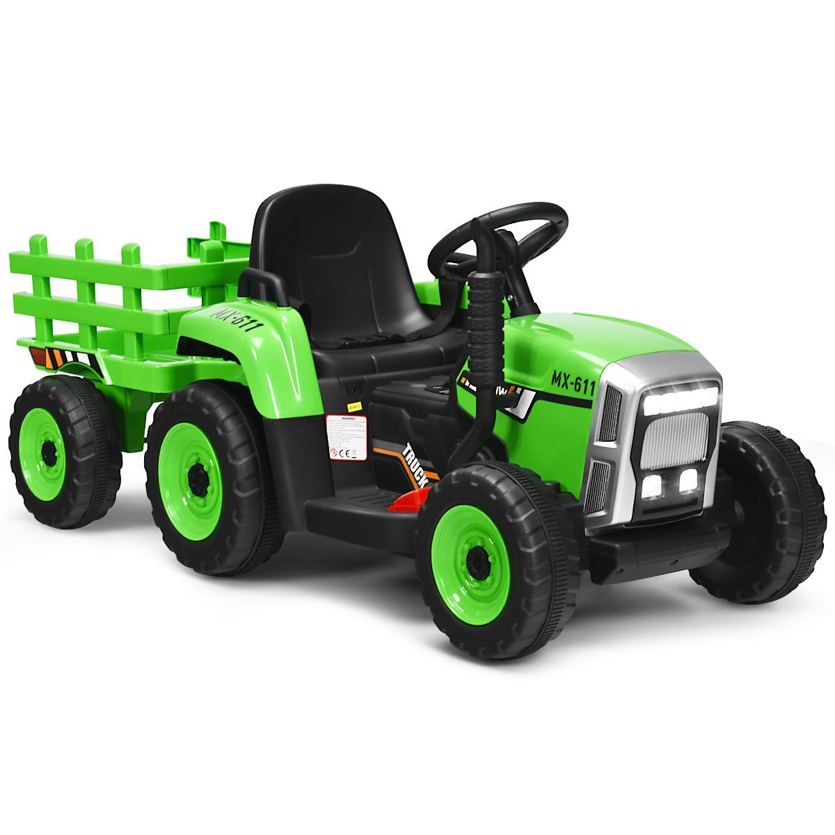 3-speed children's tractor 12V ride-on tractor with removable trailer & LED lights horn & USB functions green