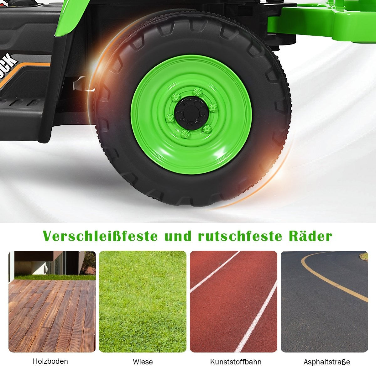 3-speed children's tractor 12V ride-on tractor with removable trailer & LED lights horn & USB functions green