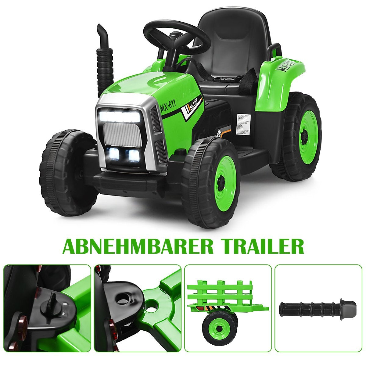 3-speed children's tractor 12V ride-on tractor with removable trailer & LED lights horn & USB functions green