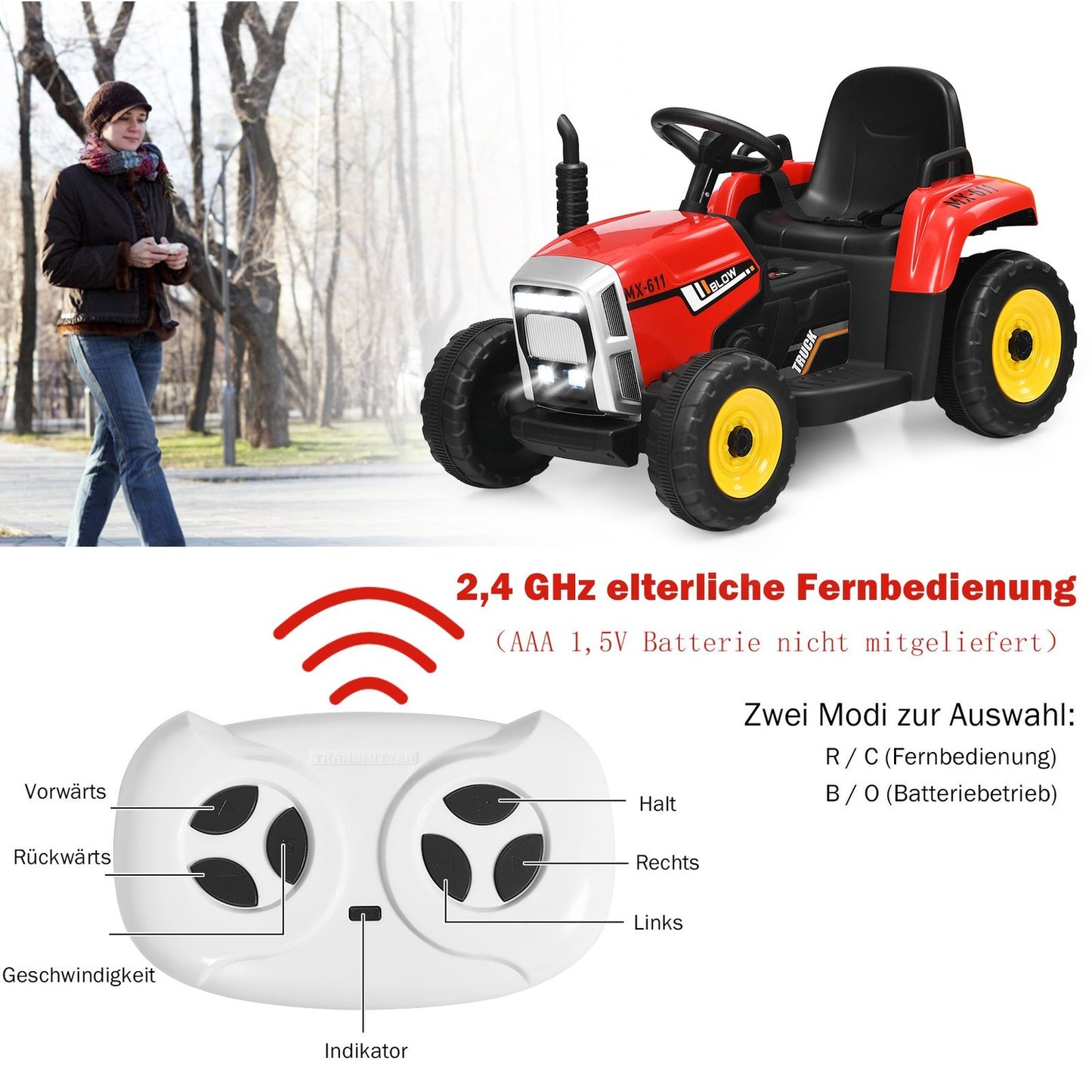 3-speed children's tractor 12V ride-on tractor with removable trailer red