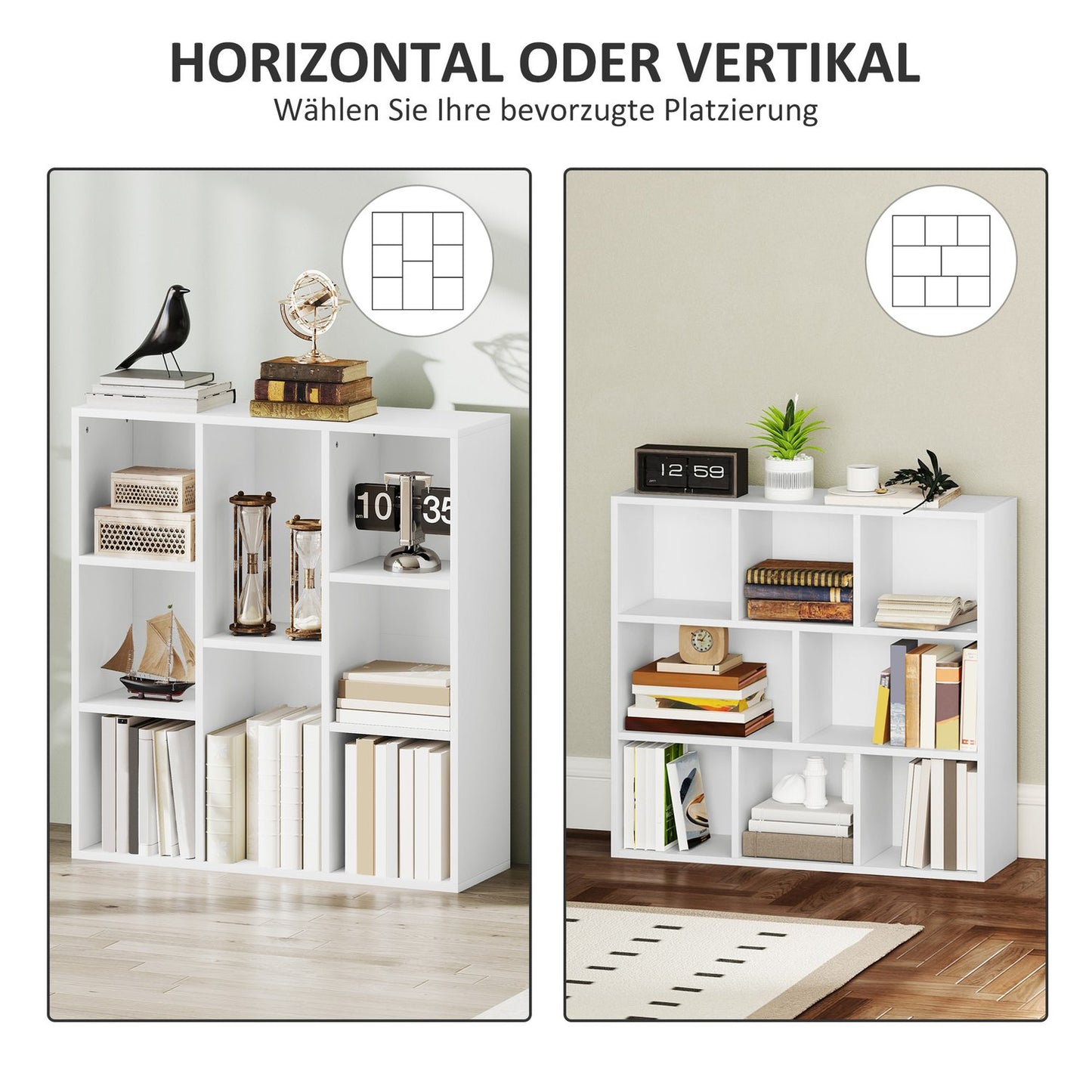 3-Tier Bookshelf, 8 Compartments, White Particleboard