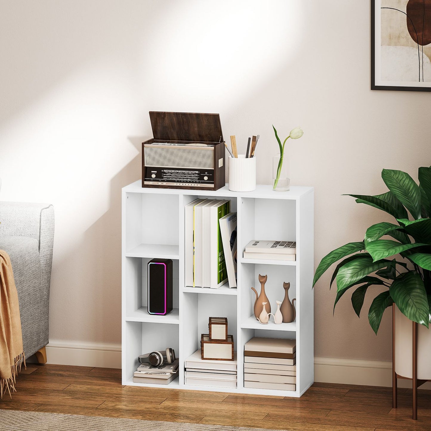 3-Tier Bookshelf, 8 Compartments, White Particleboard