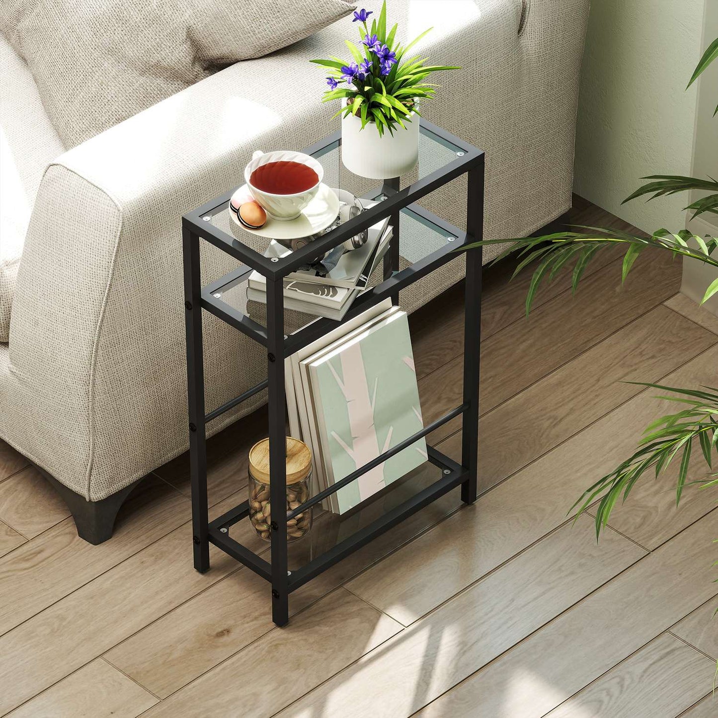3-tier shelf with glass shelves, 18 cm wide, steel frame, crossbars, black