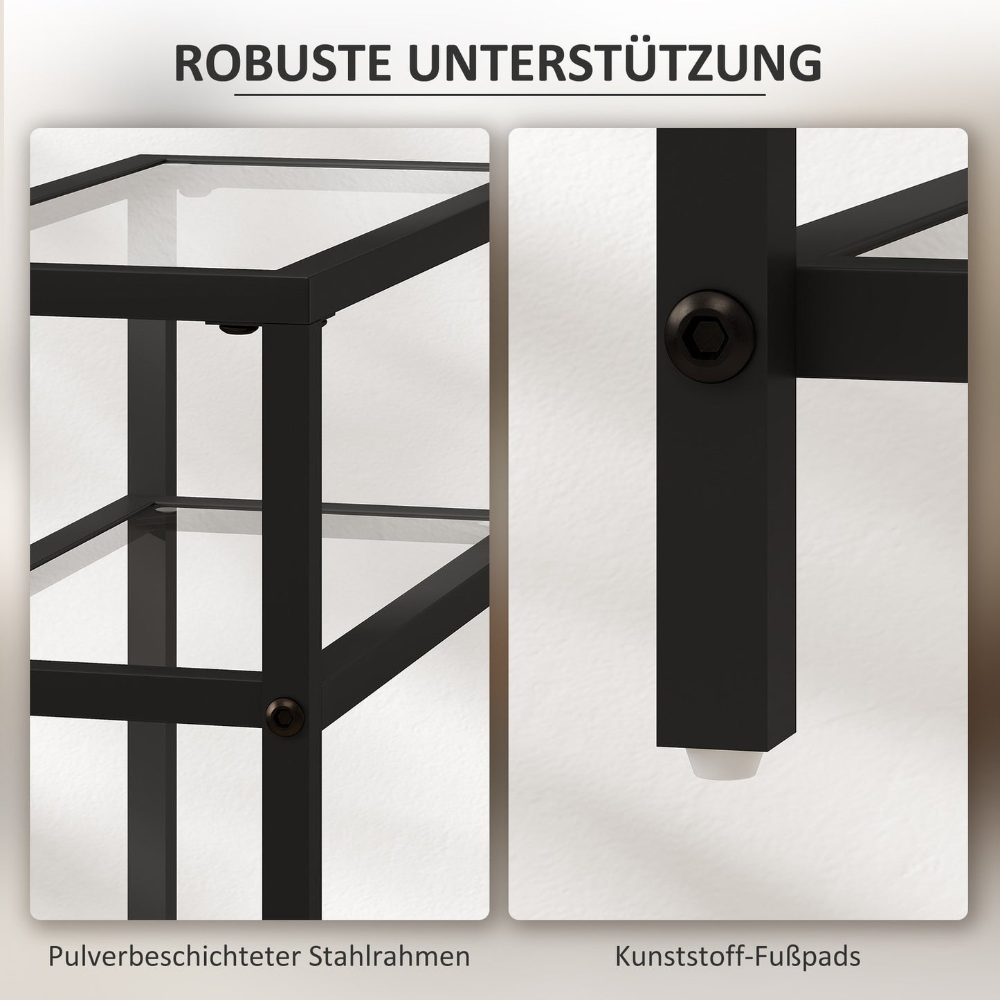 3-tier shelf with glass shelves, 18 cm wide, steel frame, crossbars, black
