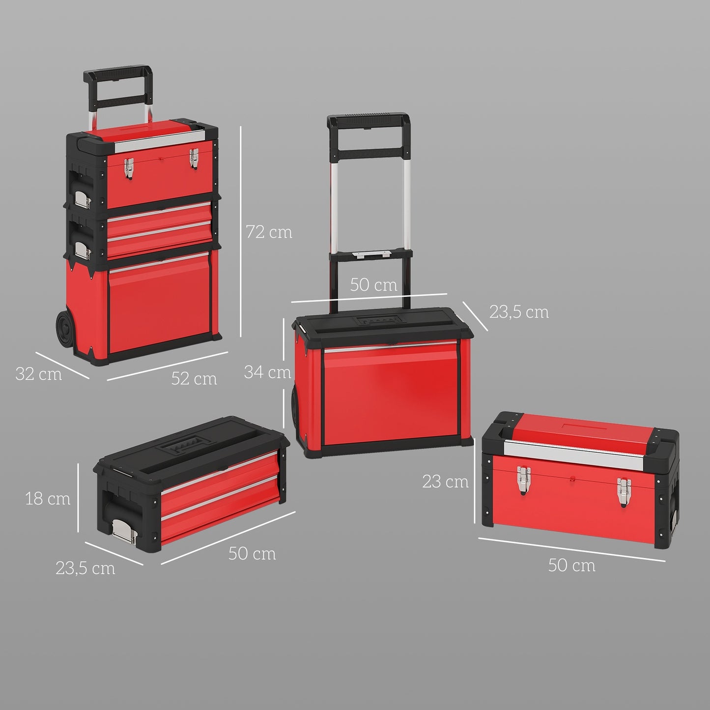 3-Tier Toolbox Set with Wheels, Steel & Plastic