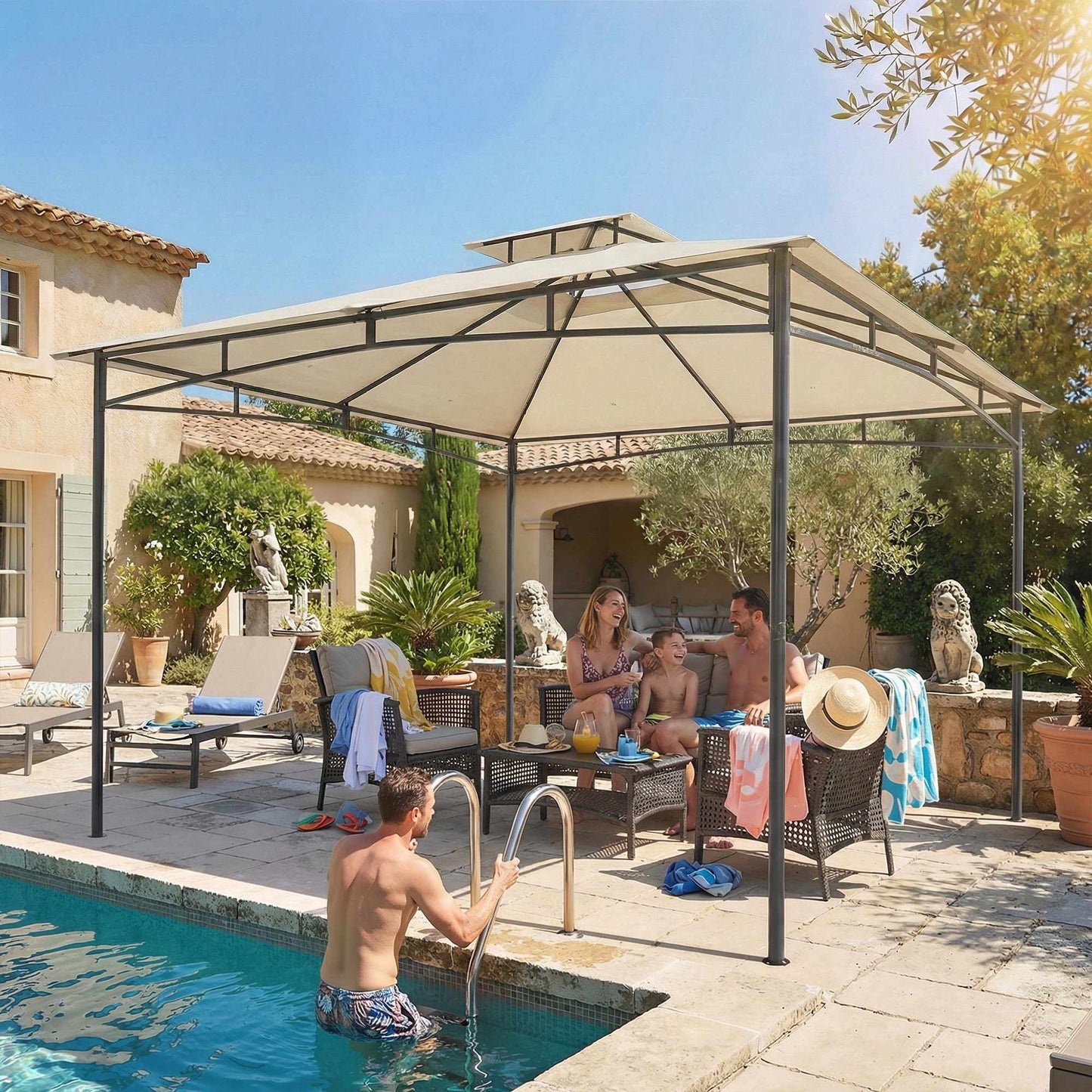 3x3m Garden Pavilion, Water-Resistant, Double Roof, Cream