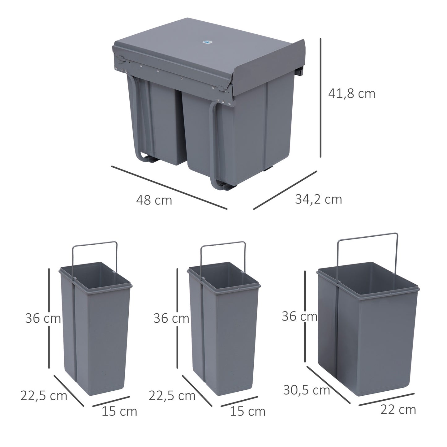 40L pull-out waste container with 3 compartments for kitchens