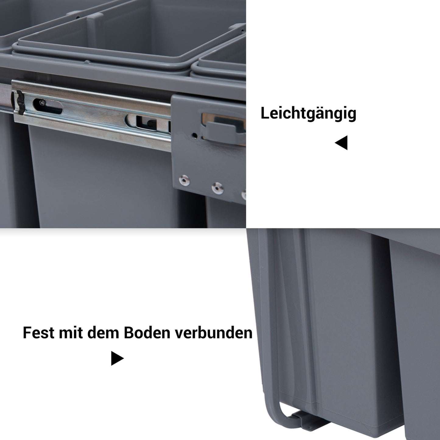 40L pull-out waste container with 3 compartments for kitchens