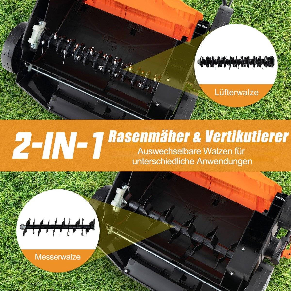 41cm Electric Scarifier & Lawn aerator 15A 2-in-1 lawn scarifier with 3-position height adjustment orange