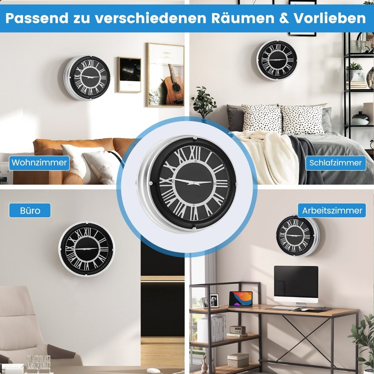 Ø 45 cm quiet wall clock with silver frame & Roman dial without ticking noises - Ø 45 cm