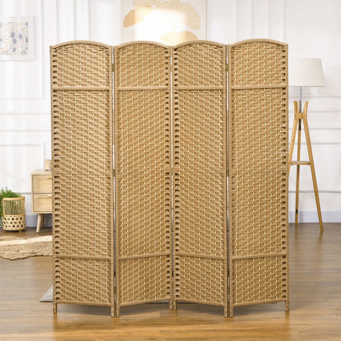 4-Panel Folding Room Divider, Natural Wood, Privacy Screen