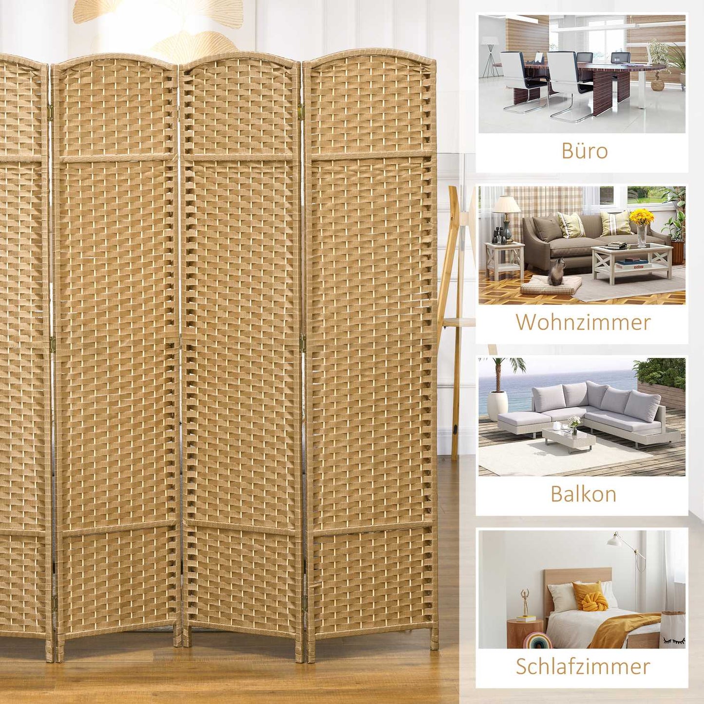 4-Panel Folding Room Divider, Natural Wood, Privacy Screen