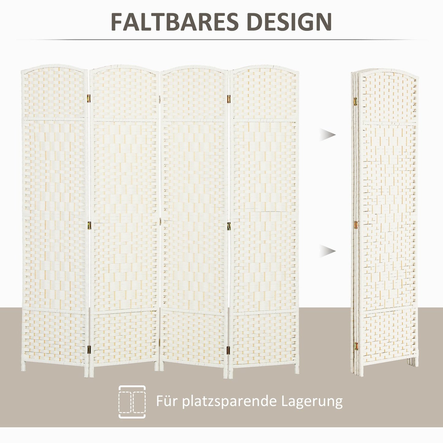 4-Panel Folding Room Divider, White, Polypropylene, Pine