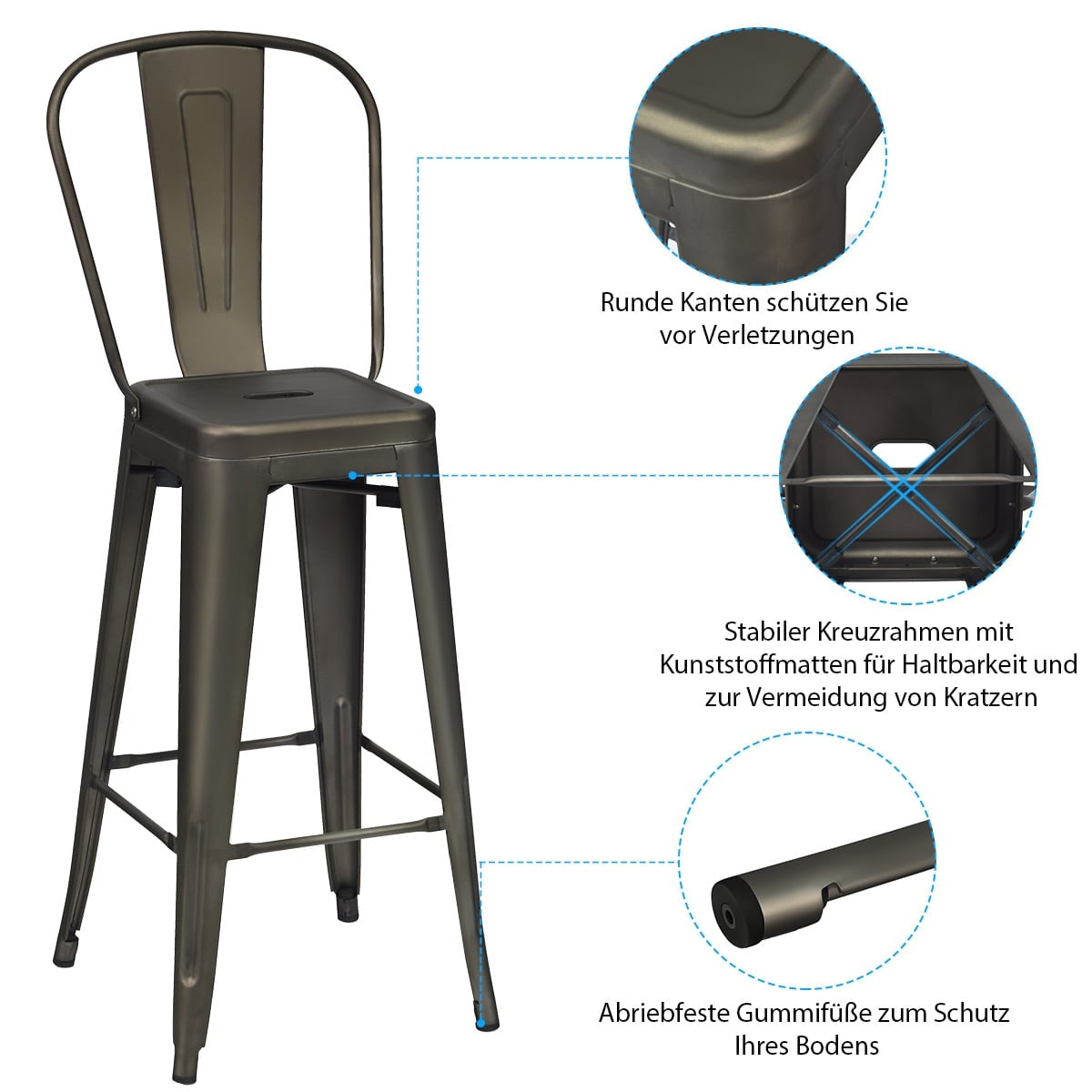 4-Piece Metal Dining Chairs Set, Removable Backrest
