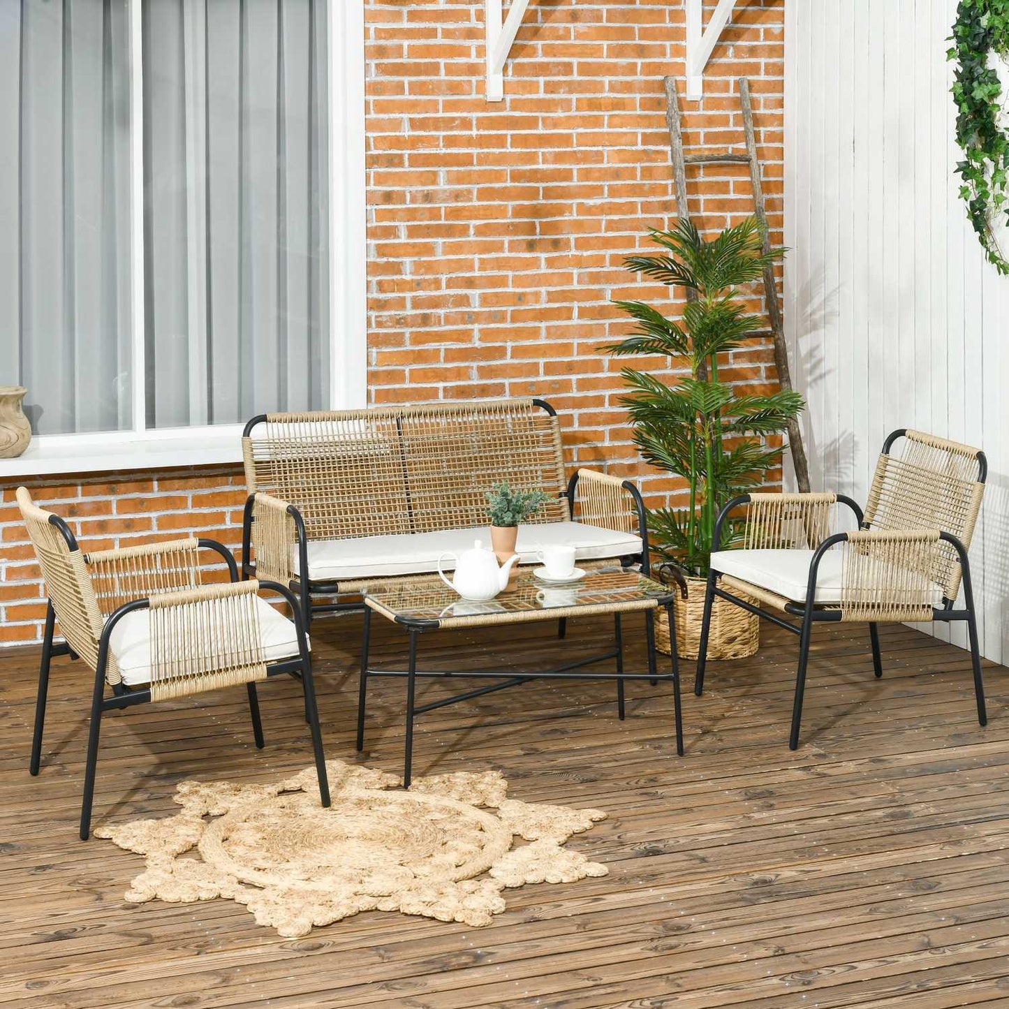 Outdoor furniture in polyrattan, sofa, chairs & table, yellow