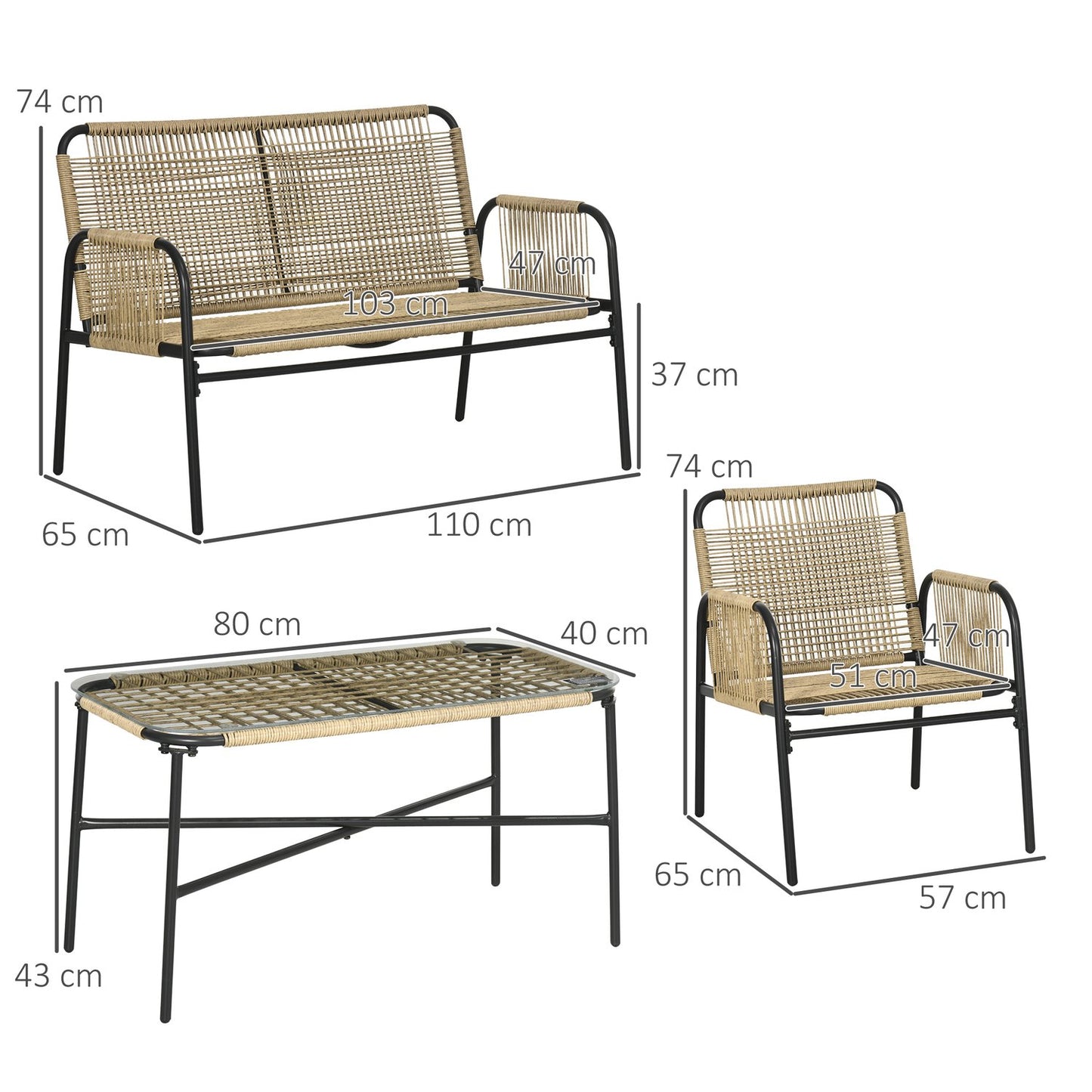 Outdoor furniture in polyrattan, sofa, chairs & table, yellow