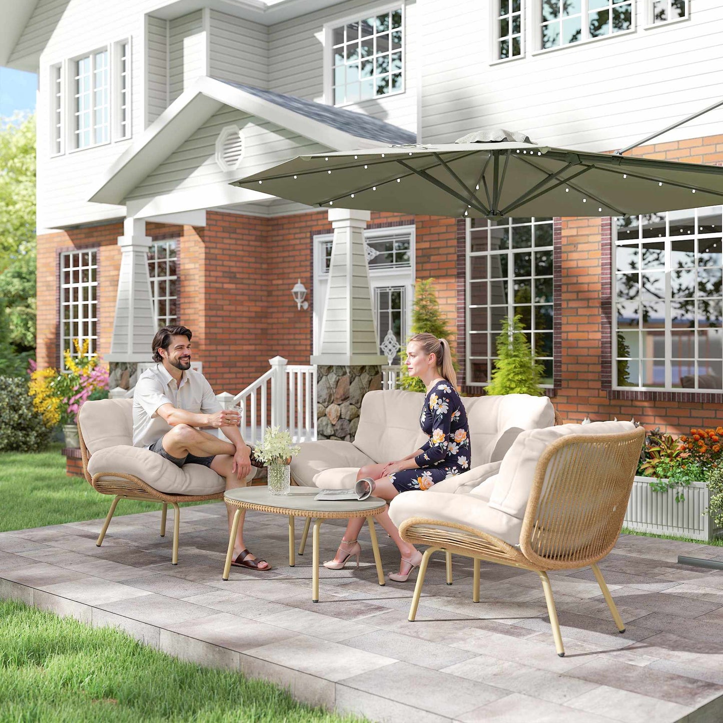 4-Piece Rattan Garden Furniture Set with Cushions