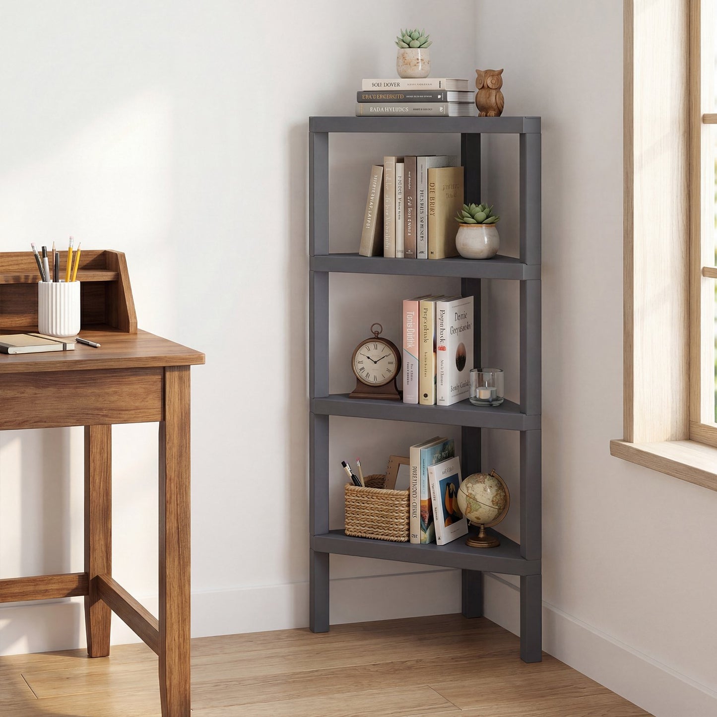 4-Tier Corner Bookshelf with Open Slatted Shelves, Grey