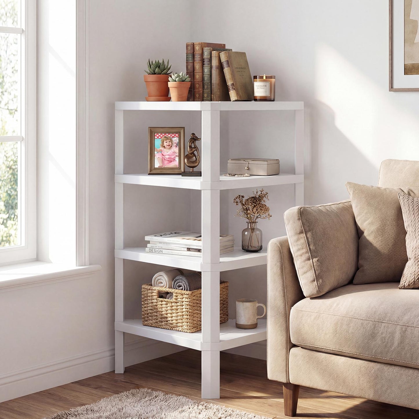 4-Tier Corner Bookshelf with Open Slatted Shelves, White