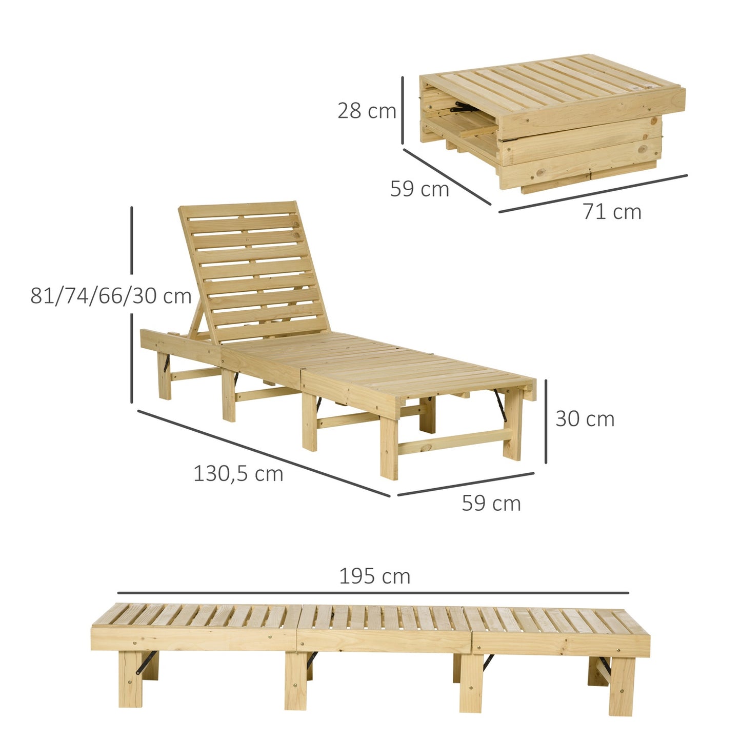 Adjustable garden chair in pine, folding sun lounger