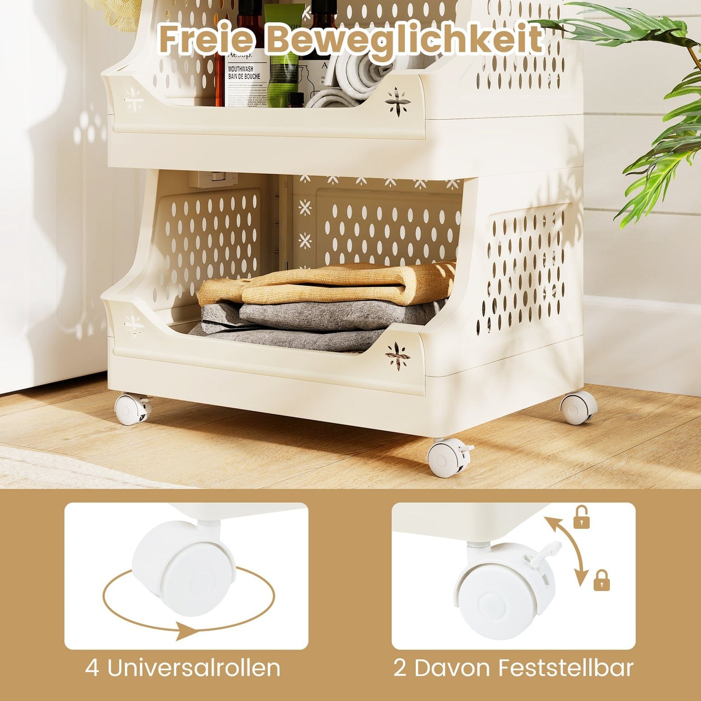 4-Tier Rolling Laundry Basket with Handles & Hooks