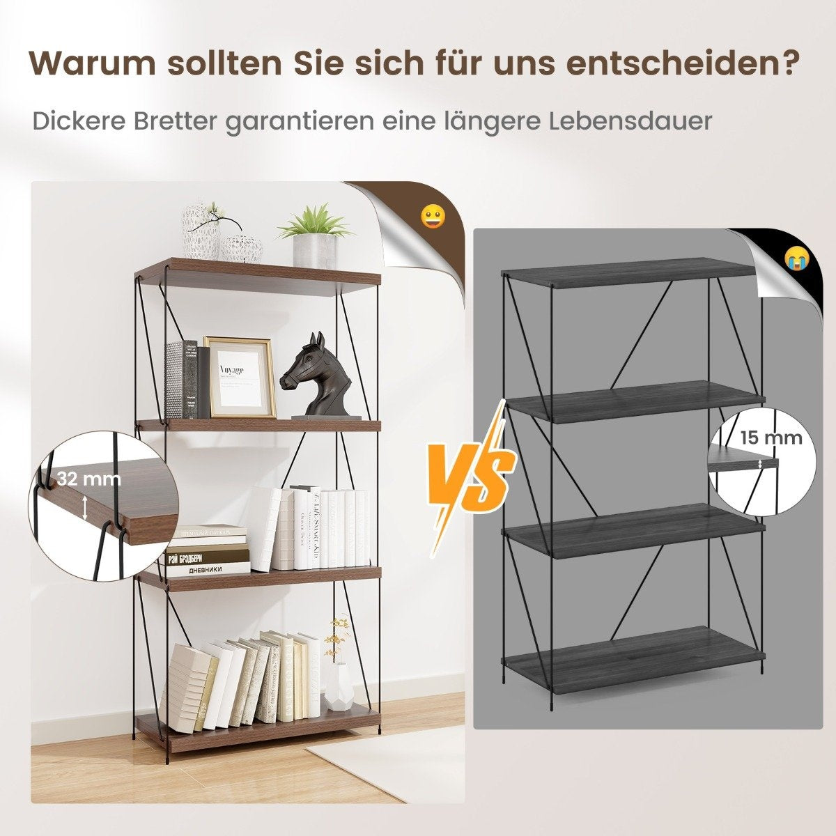 4 Tier Standing Shelf with Metal Frame Industrial Bookshelf Storage Rack 60 x 29.5 x 105 cm